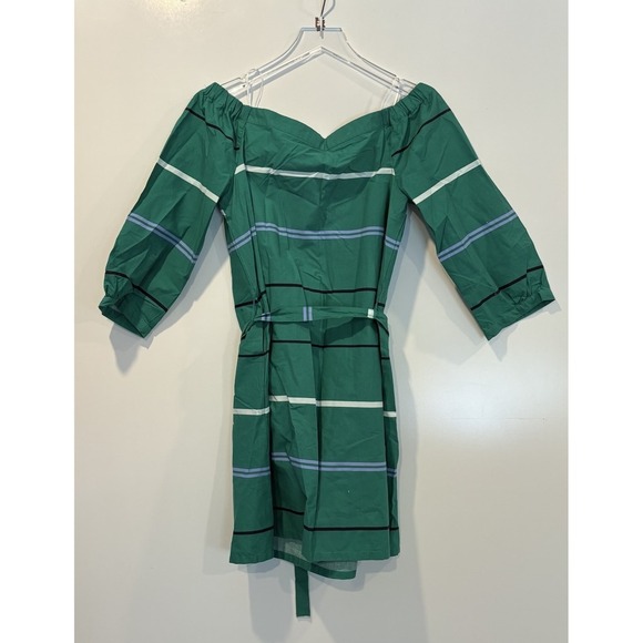 Ann Taylor Off Shoulder Striped Poplin Belted 3/4 Sleeve Dress Size 8 - Picture 3 of 7